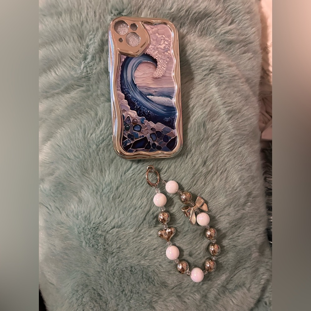NWOT Blue Wave Phone Case with Beaded Charm